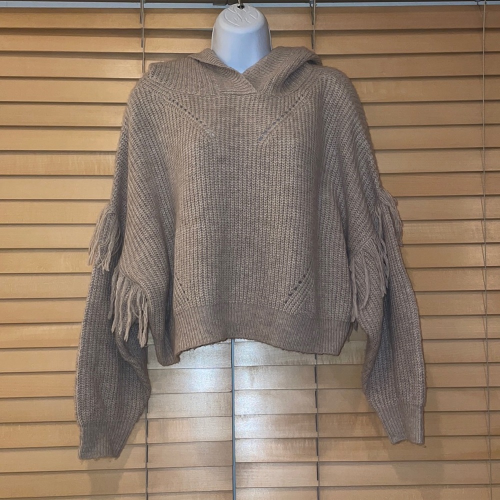 By Anthropologie Crop Knit Hooded Fringe Long Sleeve Sweater - Picture 1 of 7